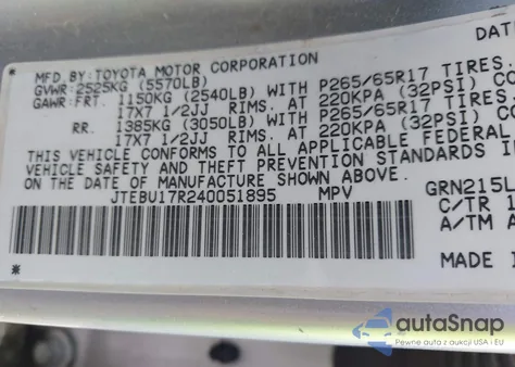 2004 Toyota 4Runner Limited V6 z USA, uszkodzony, nr VIN JTEBU17R240051895